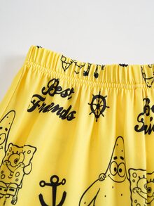 SpongeBob SquarePants | SHEIN Tween Boy Cartoon Print Short Sleeve Top And Long Pants Casual Daily Home Pajama Set - Multicolor - View 7