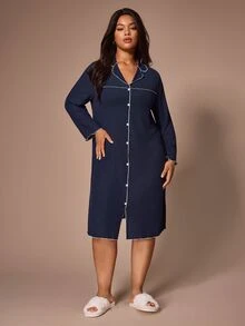 Lazeform Soft Ribbed Wood Ear Trim Cardigan Plus Size Loungewear Nightgown - Navy Blue - View 5
