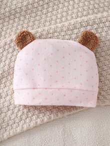 SHEIN Playful Pals Newborn Comfortable Soft Plush Pink Polka Dot Teddy Bear Applique Embroidery 3D Bow Decor Round Neck Fleece Footed Jumpsuit With Hat Autumn Winter - Baby Pink - View 4