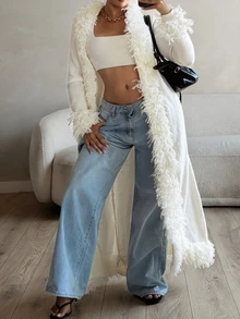 Slaydiva American Pure Desire Style Frayed Hem Tassel Extra Long Sleeve Cover Up Deep V Neck Cinched Waist Slim Fit High Slit Long Knit Cover-Up Street Beige White Jacket Date Night Club Casual Cover-Up-A - Apricot - View 5
