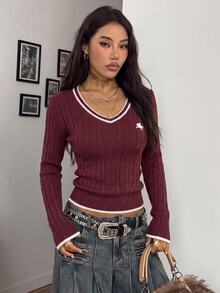 Coolane 女款紅色刺繡Logo V領麻花編織毛衣，秋冬毛衣，女款秋季服飾，秋季穿搭，女款通勤穿搭，基礎上衣，外出穿搭，機場穿搭 - 彩色 - 查看 3