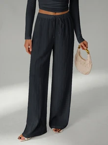 SHEIN Tall Loose Drawstring Waist Trousers In Textured Crinkle Fabric - Dark Grey - View 6
