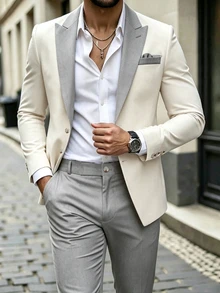 Manfinity Bizformal 男士對比色尖領西裝外套與長褲套裝 春夏婚禮風西裝套裝 - 淺灰色 - 查看 1