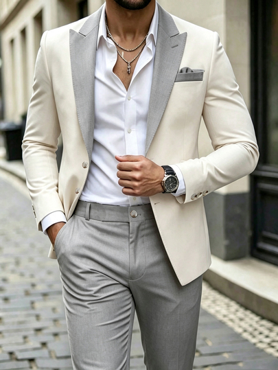 Manfinity Bizformal Men's Contrast Color Peak Lapel Blazer And Trousers Spring Summer Wedding Vibe Suit Set