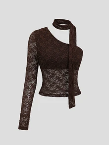 Sweetra Y2K Sexy Lace One-Shoulder Elegant Versatile Street Style Preppy Top - Coffee Brown - View 6