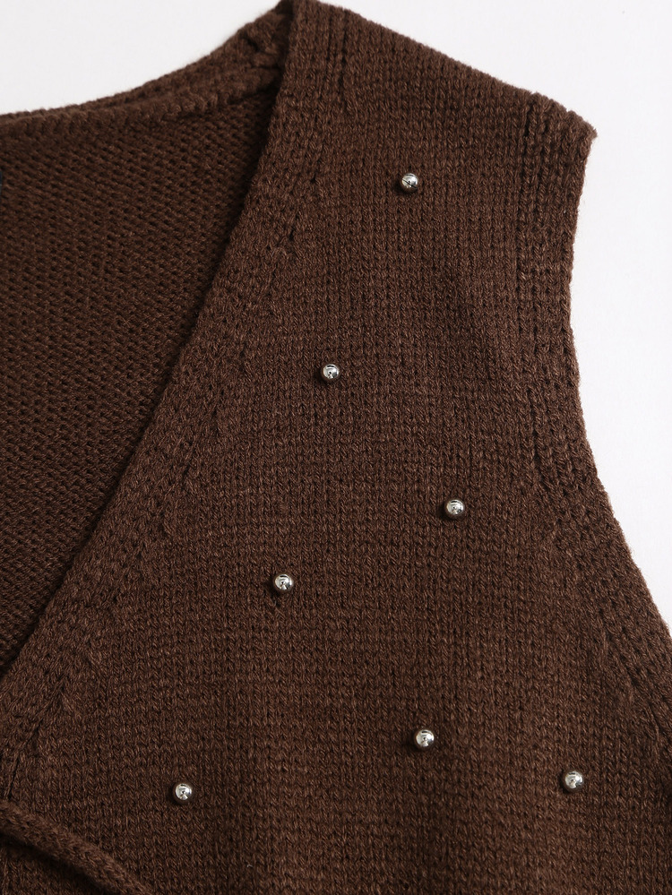 Sweetra Maillard Brown Beaded Tassel Vintage Lace-Up Knit Vest - Coffee Brown - View 4