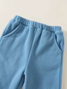 SHEIN 2件組嬰兒男孩女孩保暖內裡加厚圓領長袖半拉鍊套頭上衣＋彈性腰頭收口褲，刷毛兩件套，適合秋冬 - 藍色 - 查看 6