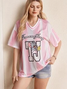 TOM & JERRY X SHEIN Women's Letter Cartoon Print Casual Versatile Daily Wear T-Shirt - Baby Pink - View 3