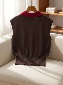 Lavishia Vintage Elegant Metal Button Knitted Vest - Rust Brown - View 4