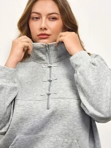 Maija Plus Size Grey Front Zipper Pullover Sweatshirt - Grey - View 7