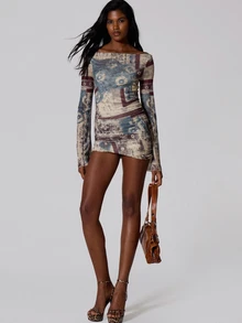 MUSERA Graphic Printed Off Shoulder Ruched Mini Dress Summer Autumn Fall Winter  Going Out Festival Cool Girl Low Frequency - Multicolor - View 2