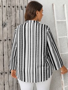 EMERY ROSE Plus Size Casual Striped Shirt, Autumn Fall - Black and White - View 2