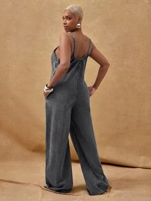 Vixey Adjustable Cami Strap Wide Leg Denim Jumpsuit With Pockets - Black - View 2