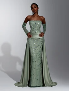 Elitara Elegant Olive Green Sequin Embroidered Strapless Mermaid Evening Gown With Long Gloves And Ruched Satin Overskirt For Wedding, Gala And Formal Party - Olive Green - View 6