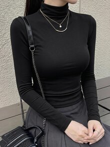 DAZY 女款純色高領長袖修身休閒百搭T恤 - 黑色 - 查看 7