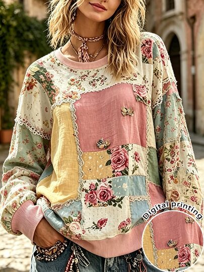 Selamara Women's Floral Print Pullover Top, Vintage Bohemian Pastoral Style, Long Sleeve Casual Sweatshirt With Unique Pattern