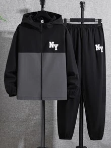 SHEIN 2pcs/Set Teen Boy Casual Sports Graphic Contrast Color Hoodie Jacket And Pants Set,Autumn/Winter - Multicolor - View 3