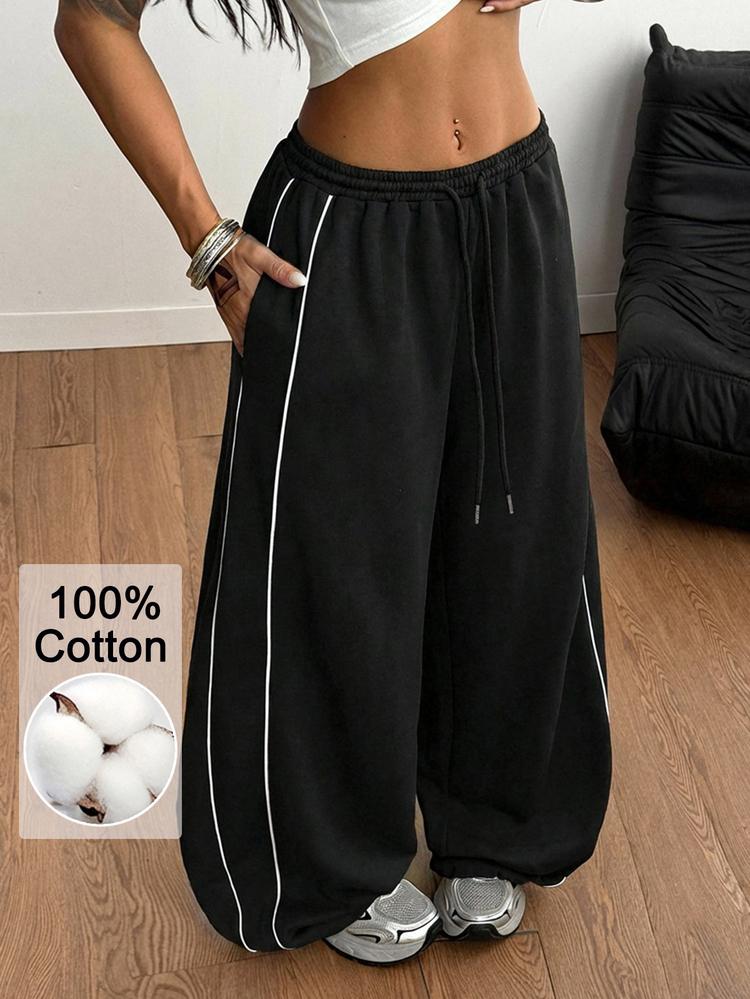 Coolane Women's Men's Plus Size Fall Winter Streetwear Casual Gym Woven Tape Baggy Mid Rise Wide Leg Elastic Waistband Black Warm Cotton Sweatpants - Black - View 1