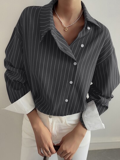 Livesso Áo blouse nữ thanh lịch phong cách công sở thường ngày dáng rộng cho mùa thu xuân, phối màu color block patchwork họa tiết kẻ sọc mảnh, vạt cài lệch, thời trang dạo phố và đi làm