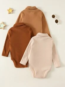 SHEIN 3件裝嬰兒男嬰女嬰純色針織柔軟圓領長袖疊肩包屁衣 秋冬款 - 彩色 - 查看 2
