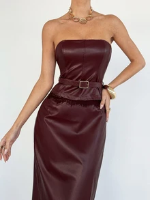 Siren Gaze Women's Lace Patchwork Bandeau Top And Skirt Fashion 2 Pieces Set - Burgundy - View 4