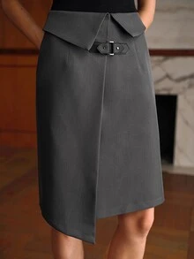 MOTF PREMIUM FASHIONABLE MODERN COMMUTER WOMEN'S FOLDED WAIST SKIRT - Grey - View 4