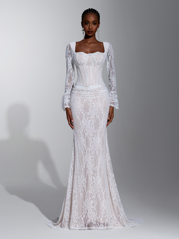 Elitara Elegant White Romantic Novel French Lace Neckline Eyelash Trim Decorated Cup Style Sheer Flared Long Sleeve Fishbone Boning Minimalist Sophisticated Mermaid Tail Train Wedding Dress Bridal Gown Suitable For Dates And All Wedding Events