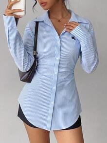 Vavine Blue And White Striped Wrap-Around Cross-Front Long Sleeve Turn-Down Collar Women's Blouse - Blue and White - View 7