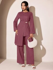 Veilorie 女款純色圓領長袖側腰金屬裝飾長版上衣與長褲時尚兩件套 - 藕粉色 - 查看 3