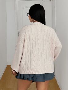 Maweii Plus Size Women's Textured Cable Knit Button Embroidered Equestrian Casual Cardigan - Apricot - View 2
