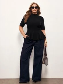 Maija Áo len dệt kim tay ngắn cổ đứng màu trơn thanh lịch size lớn, phong cách công sở và dự tiệc buổi tối, màu đen, mùa hè - màu đen - Xem 4