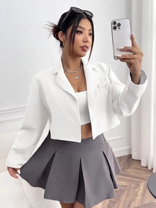 SHEIN EZwear Plus Size Casual Versatile White Cropped Thin Blazer Fall - White - View 6
