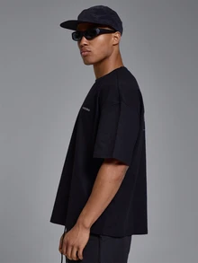 Sport Oversized Crew Neck Tshirt Crop Length Large Back "Musero" Graphic Spring Summer Sports Activewear - Black - View 3
