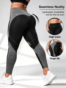 SHEIN Sweetro Women's Plus Size Colorblock Patchwork Slim Fit Sports Leggings - Multicolor - View 1