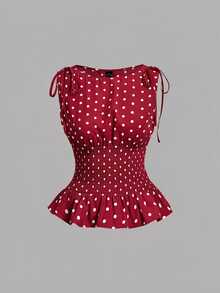 SHEIN MOD Conjunto de Top de Tirantes con Cintura Fruncida y Plisada y Falda de Sirena con Lunares - Rojo - Ver 6