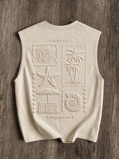 Manfinity Joysei Khaki Men's Tank Top With Minimalist Coastal Landscape Bubble Print