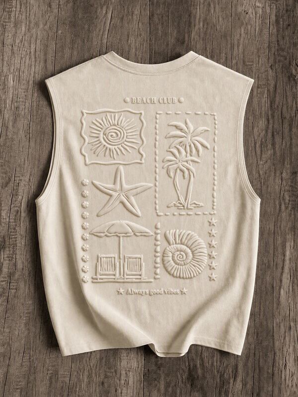 Manfinity Joysei Tank Top Pria Warna Khaki dengan Motif Gelembung Pemandangan Pantai Minimalis