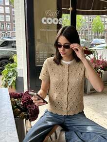 Cévolie Casual Solid Color Short Sleeve Hollow Knit Top - Khaki - View 4