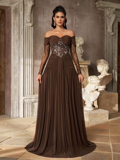 Aureia Elegant Romantic Fashionable Sophisticated Coffee Color Elastic Mesh Fabric Sequin Patchwork A-Line Elegant Party Dress Wedding Guest Dress Coffee Color Dress Fashionable Elegant Wedding Evening Gown Formal Evening Party Dress