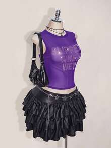 SHEIN ICON 大尺碼 Y2K 夏季黑色性感透視網紗水鑽亮片露背修身背心上衣（附水鑽字母裝飾） - 紫色 - 查看 5