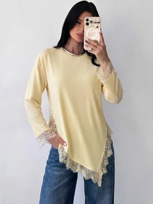 Firerie Women's Lace Patchwork Casual Versatile Daily Wear T-Shirt - Light Yellow - View 6