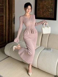 DAZY Women's Elegant Ruffle Cardigan & Knitted Skirt 2 Pieces Set, Autumn/Winter - Khaki - View 5