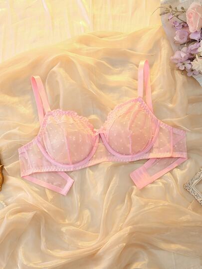 DelicateAllure Pink Underwire Push-Up Bra With Mesh And Lace Patchwork, Pure And Elegant Plus Size