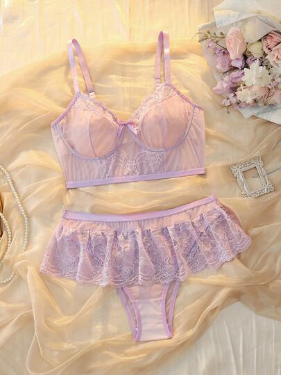DelicateAllure 2pcs Light Purple Underwire High Support Lace Mesh Patchwork Ruffle Romantic Sweet Plus Size Lingerie Set