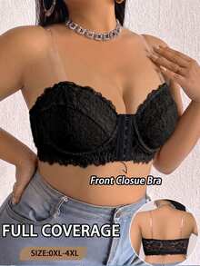 SHEIN 1pc Lace Front Closure Underwire Bandeau Bra Plus Size - Black - View 4