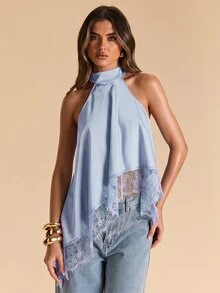 SHEIN BAE 春夏女裝，女士春夏款式，純黑色性感極簡優雅掛脖露背蕾絲飾邊拼接女式背心，高端緞面仿絲女式背心，派對聚會雞尾酒上衣，正式場合聚會上衣，黑色蕾絲緞面拼接女士性感上衣，雞尾酒派對聚會，商務休閒女裝，外出上衣 - 淺藍色 - 查看 1