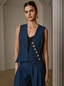 ZEYLAH Rompi Blazer Kasual Wanita Warna Polos Kerah V untuk Perjalanan Sehari-hari - Teal Blue - View 6