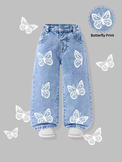 SHEIN ChillGRL Denimly Little Girl Casual Cute Wind Washed Dark Blue Butterfly Print Elastic Rubber Waist Straight Trousers Jeans