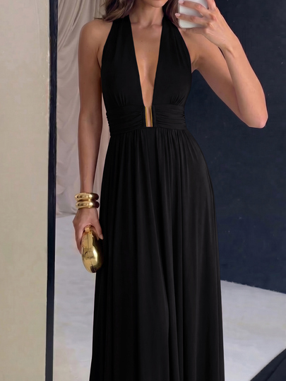 Avenya Halter Neck Tie Deep V-Neck Metal Buckle Dress Party Cocktail Black Summer Elegant Sexy