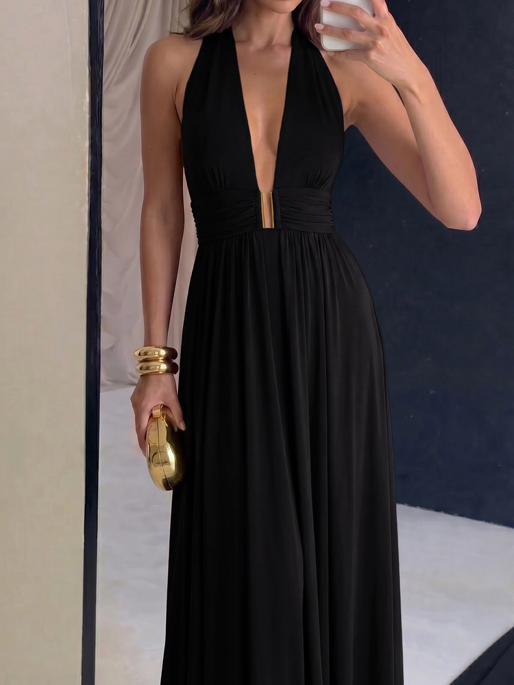 Avenya Halter Neck Tie Deep V-Neck Metal Buckle Dress - Black - View 1